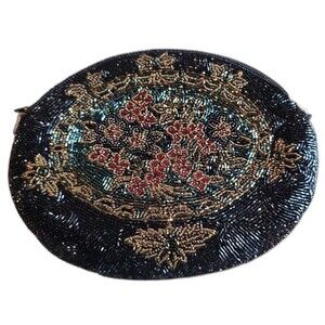 Hashimoto Vintage Beaded Evening Bag Black Gold Floral Oval Clutch Chain Purse